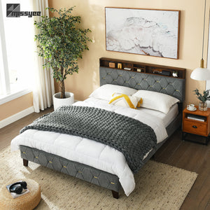 Queen Bed Frame, Storage Headboard with Charging Station, Sturdy and Stable, No Noise, Easy to Install, No Box Springs Needed, Linen Upholstery,Grey